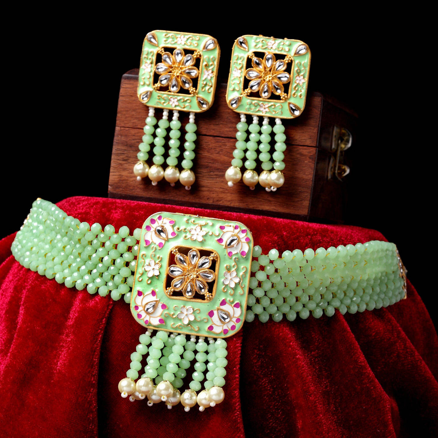 PANASH Gold-Plated Green White Kundan-Studded Beaded Meenakari Jewellery Set