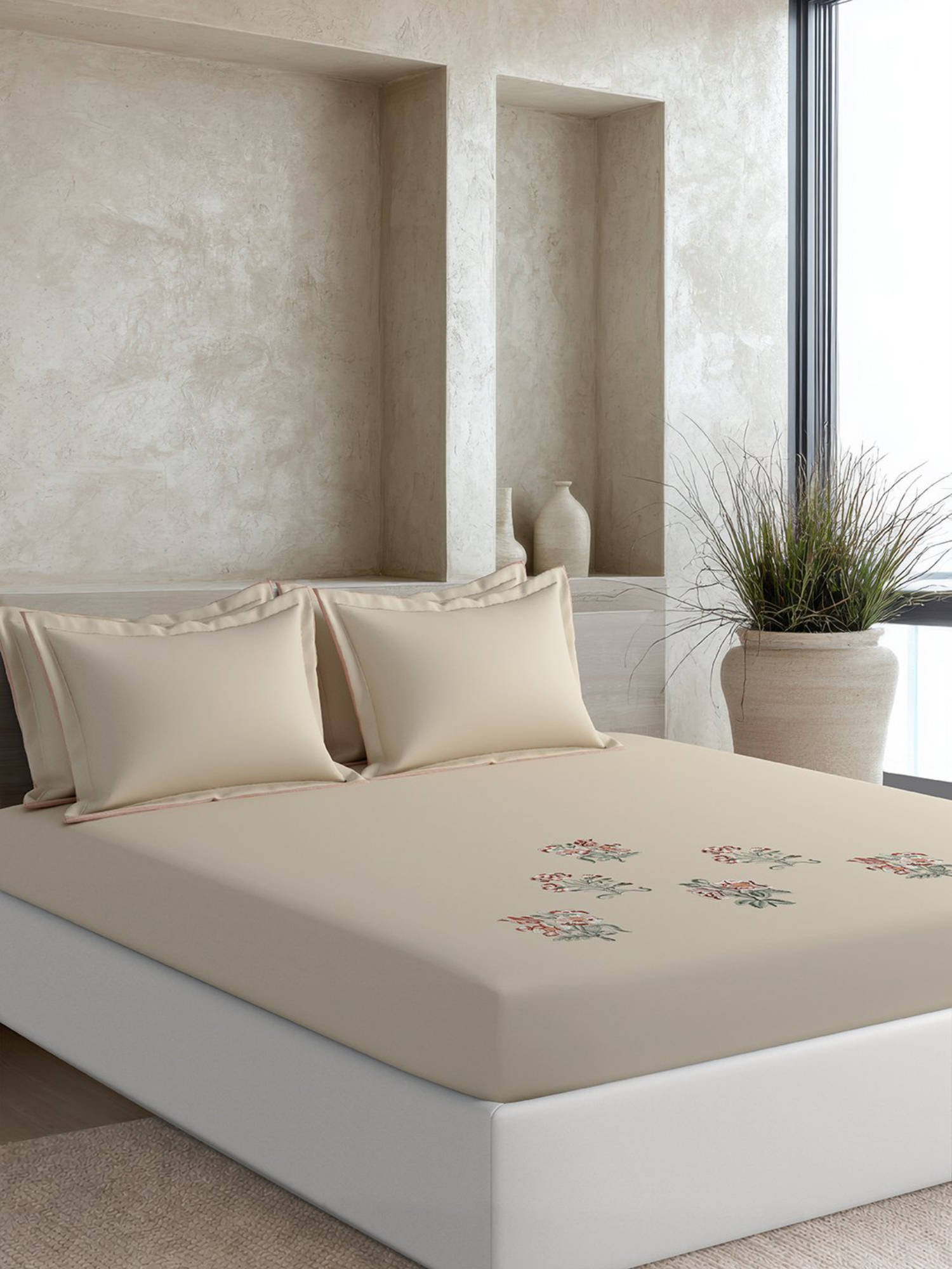 SANSAAR A D'DECOR BRAND LIVE CONSCIOUSLY Hollyhock Beige Sand Bedsheet with 2 Pillowcovers (King)