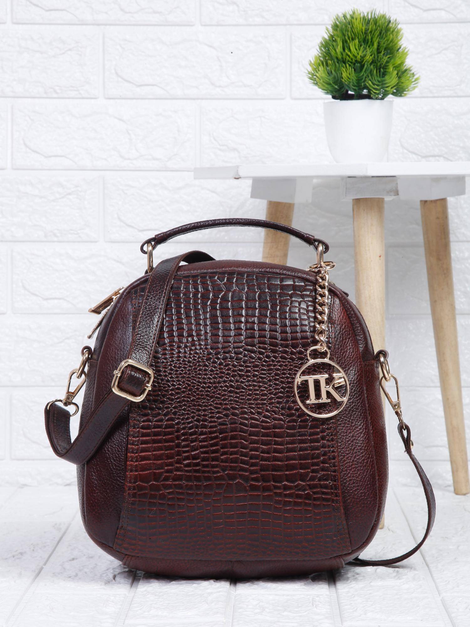 Teakwood Women Maroon Leather Textured Backpack