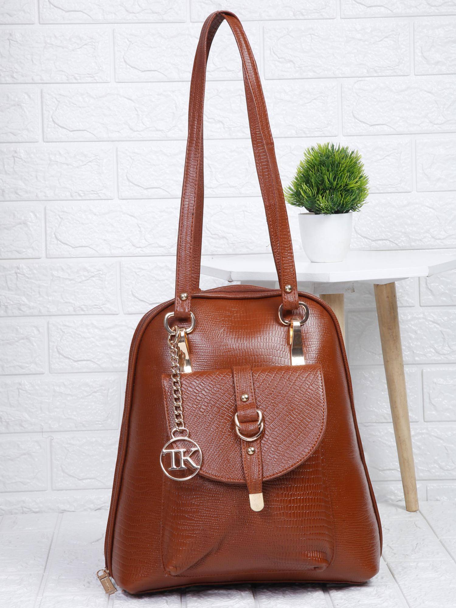 Teakwood Women Tan Leather Textured Backpack