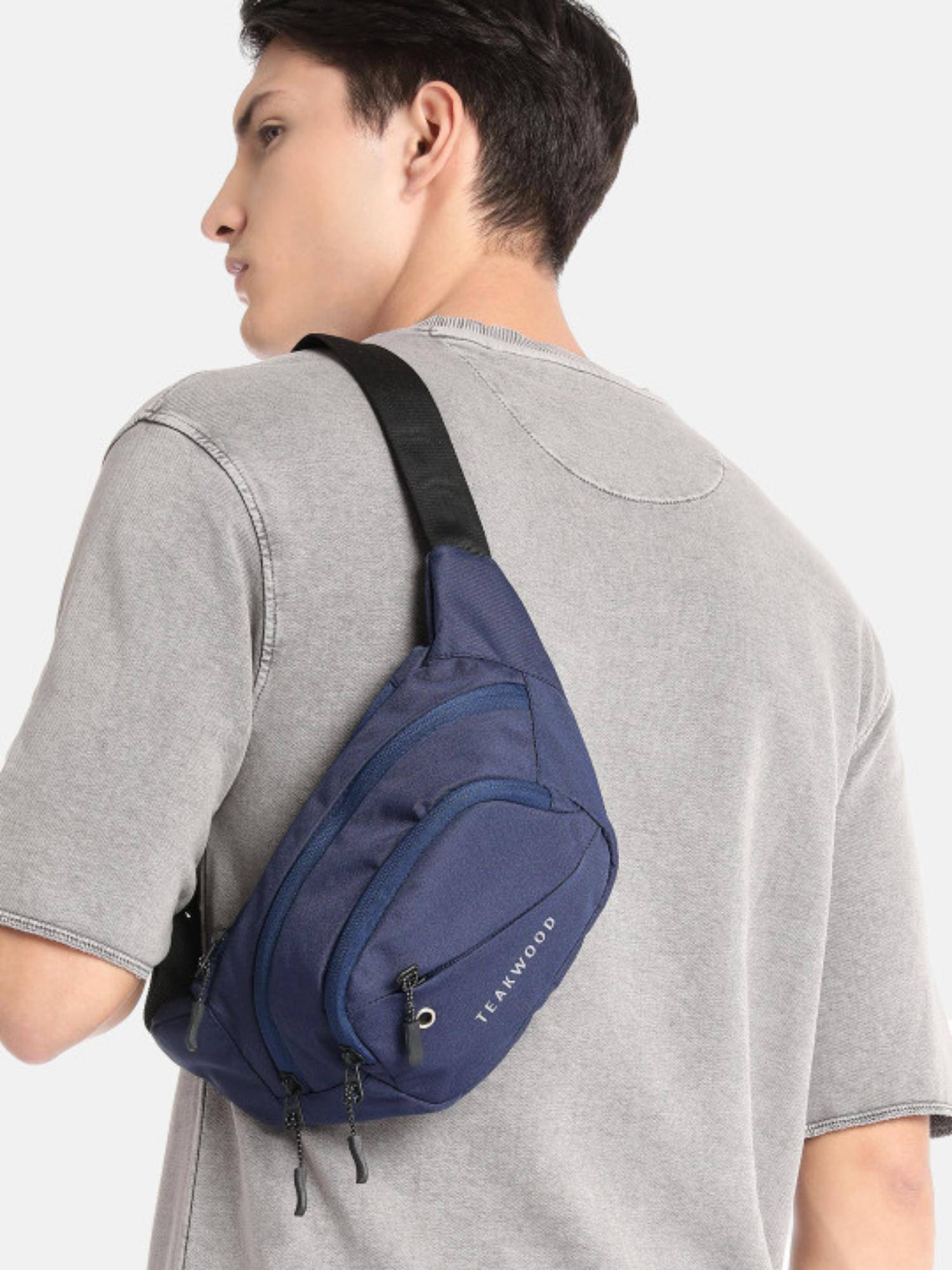 Teakwood Men Navy Blue Solid Belt Bag