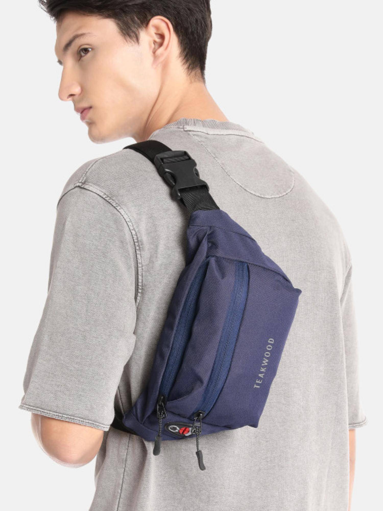 Teakwood Men Navy Blue Solid Belt Bag