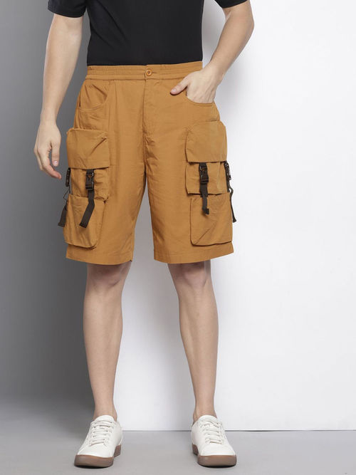 The Indian Garage Co Mustard Men's Relaxed Fit Solid Mid-Rise Cargo Shorts
