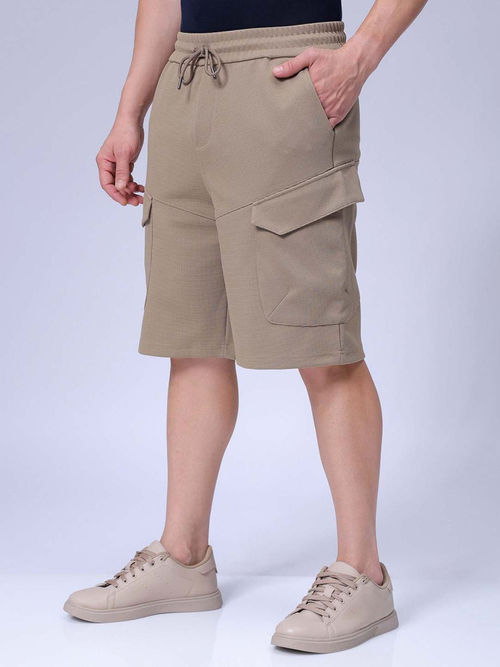 The Indian Garage Co Brown Men's Relaxed Fit Textured Mid-Rise Cargo Shorts