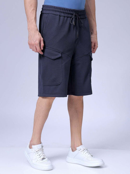 The Indian Garage Co Navy Blue Men's Relaxed Fit Textured Mid-Rise Cargo  Shorts