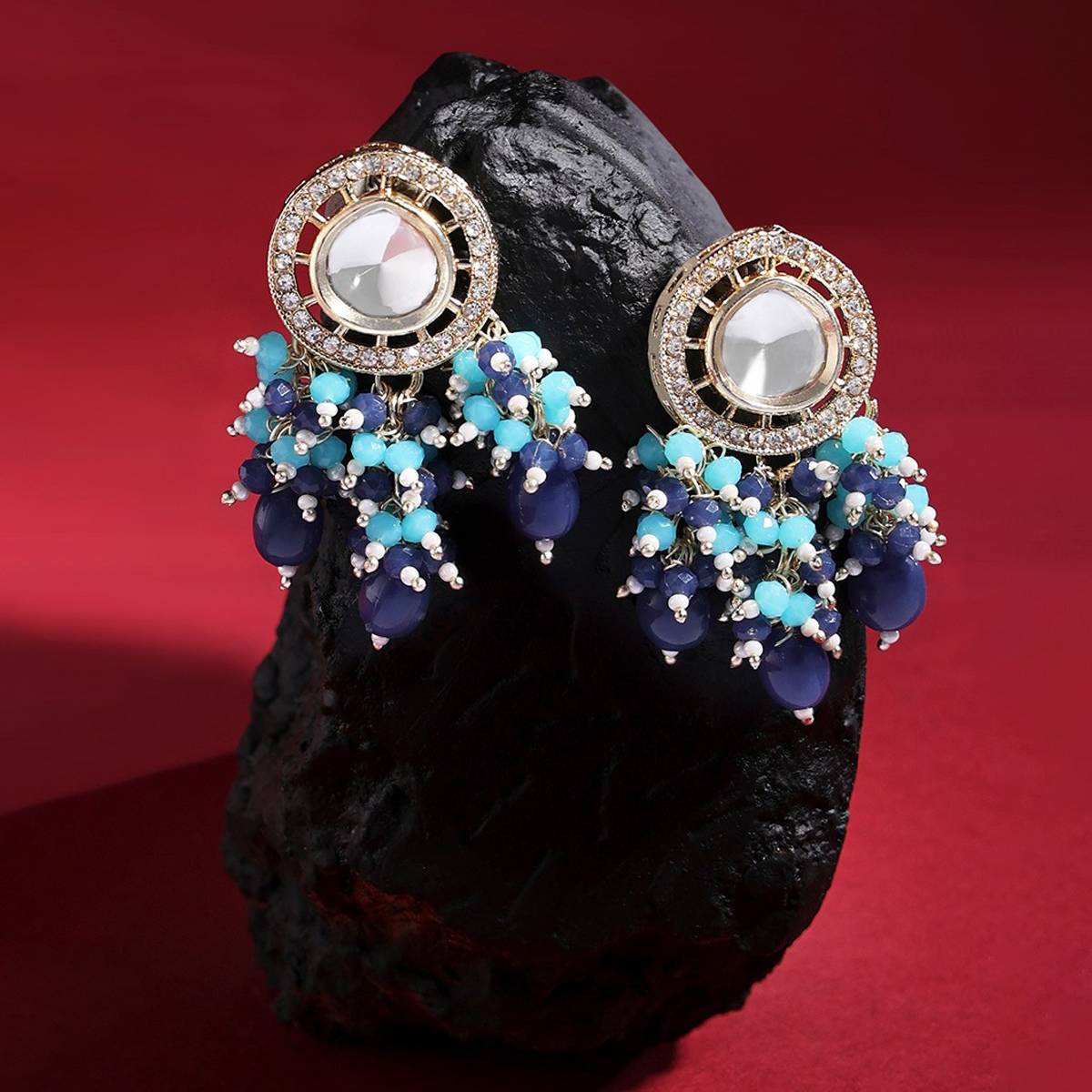 Zaveri Pearls Turquoise & Blue Cluster Beads Kundan Drop Earring-ZPFK15640