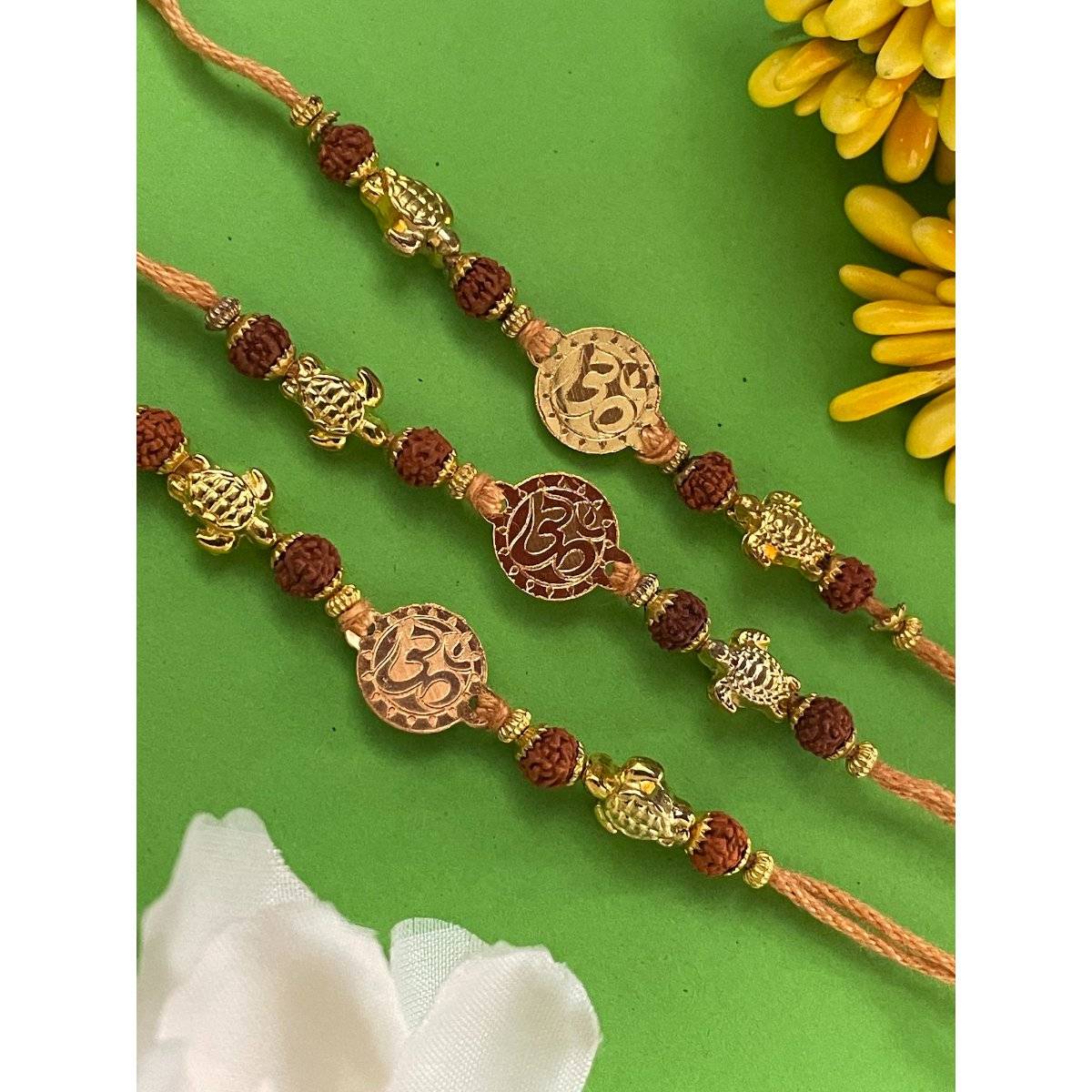 Digital Dress Room Multi-Color Om Tortoise Rudraksh Rakhi (Pack of 3)