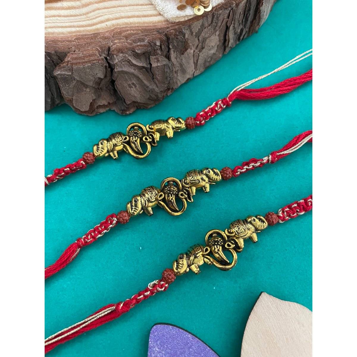 Digital Dress Room Gold Ganesh Ji Elephant Rakhi (Pack of 3)