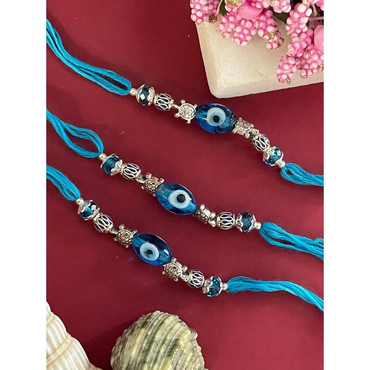 Digital Dress Room Blue Turtle Evil Eye Crystal Rakhi (Pack of 3)