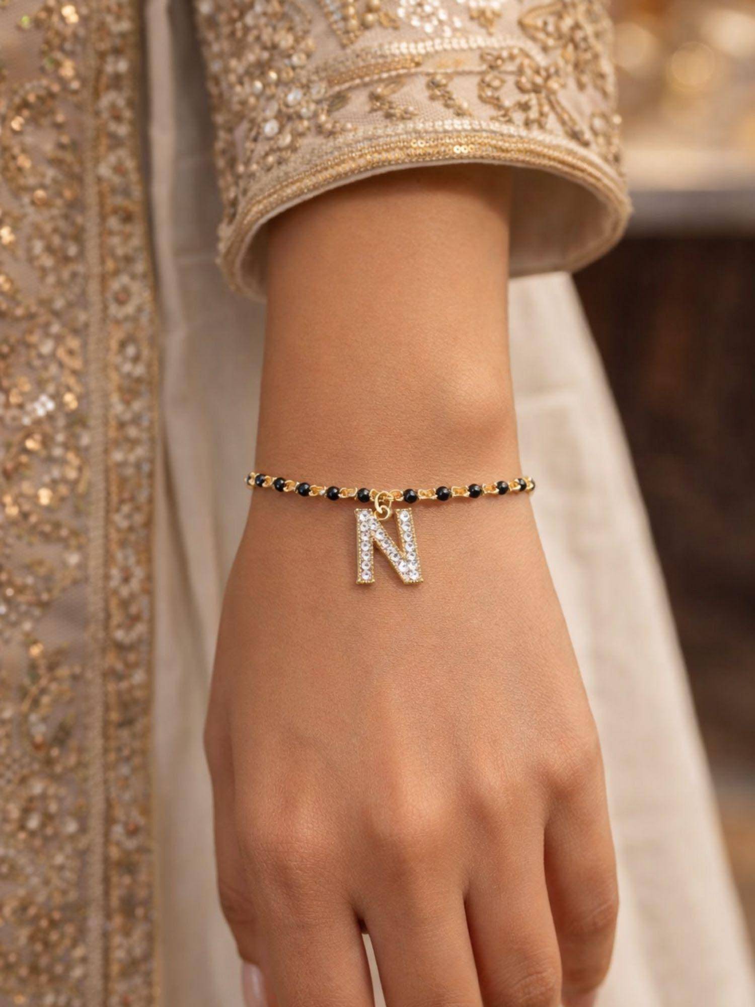 Digital Dress Room N Letter White Alphabet Gold Plated Mangalsutra Bracelet