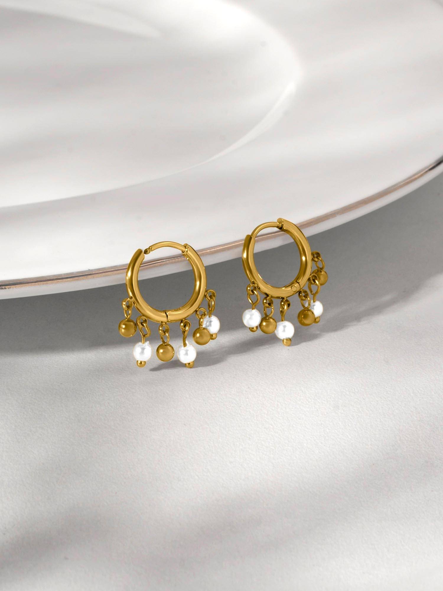 Palmonas White Dangling Pearl Bead Hoop Earrings