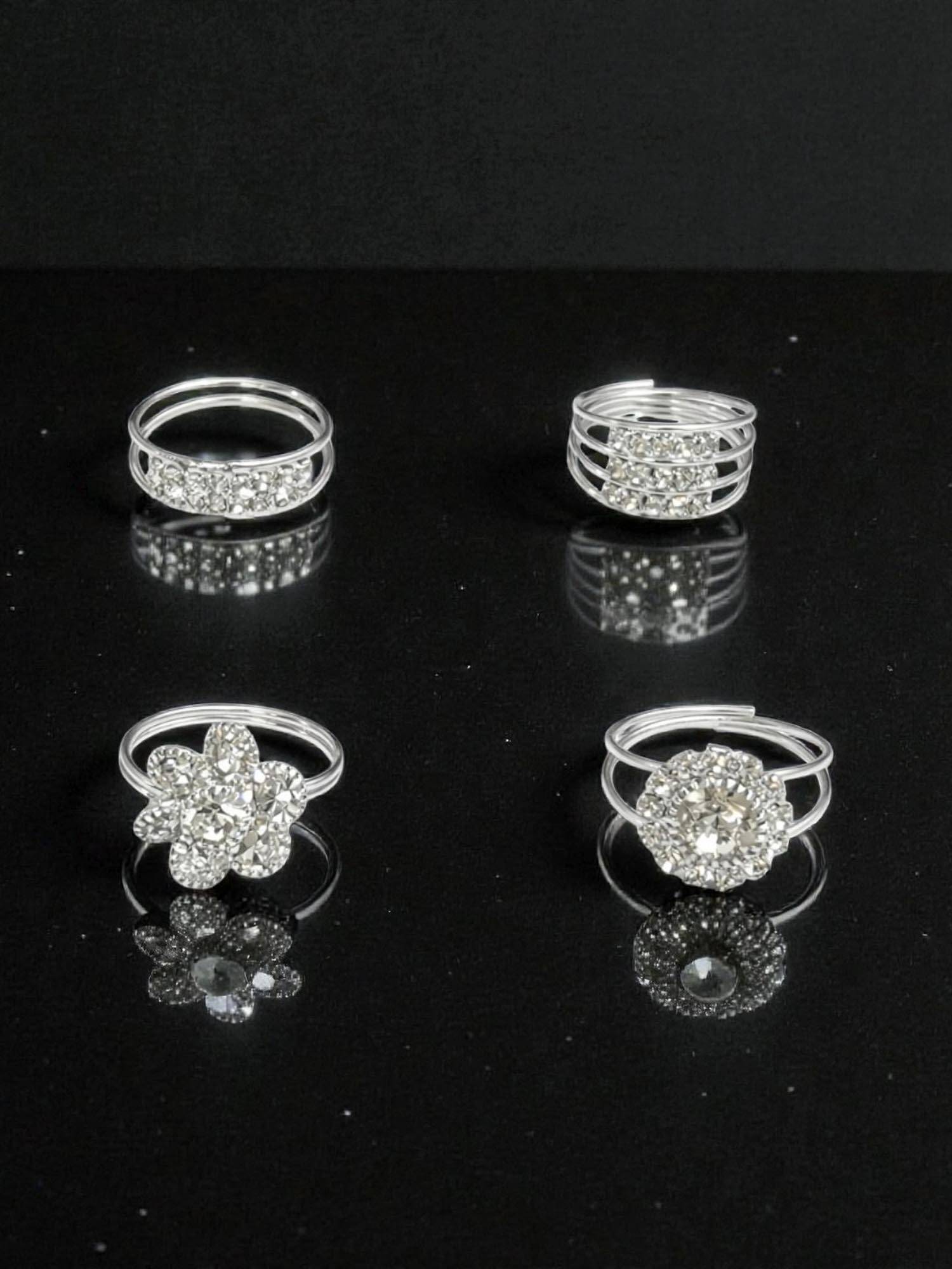 Accessher White Silver-Tone Crystal Stackable Midi Rings