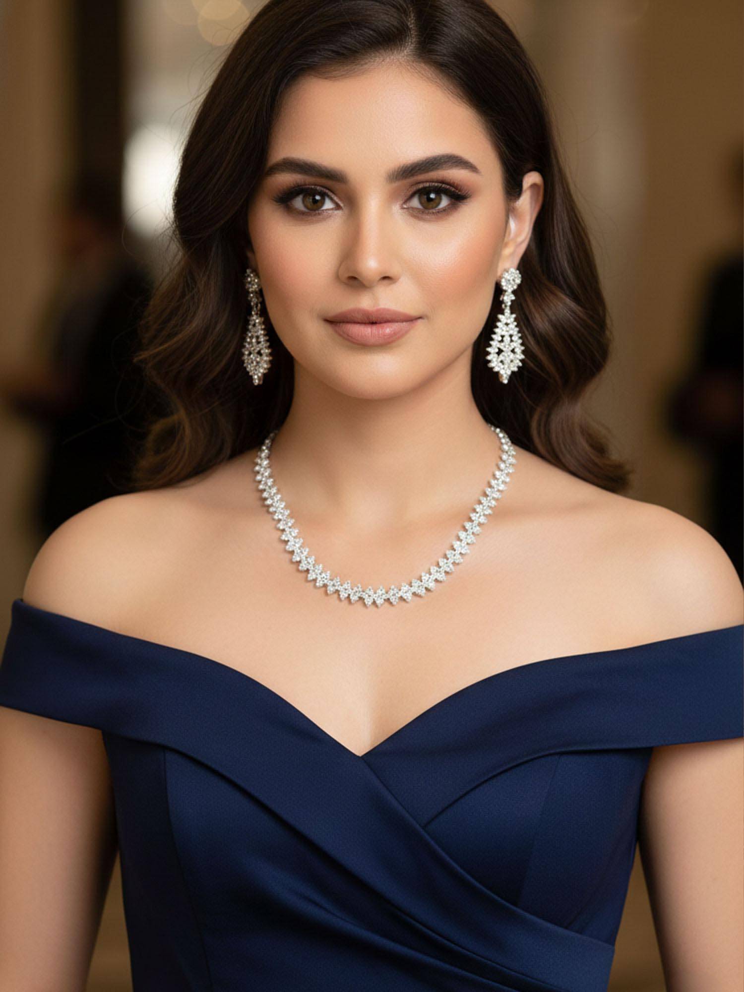 Niscka Rhodium Plated White American Diamond Necklace & Earrings
