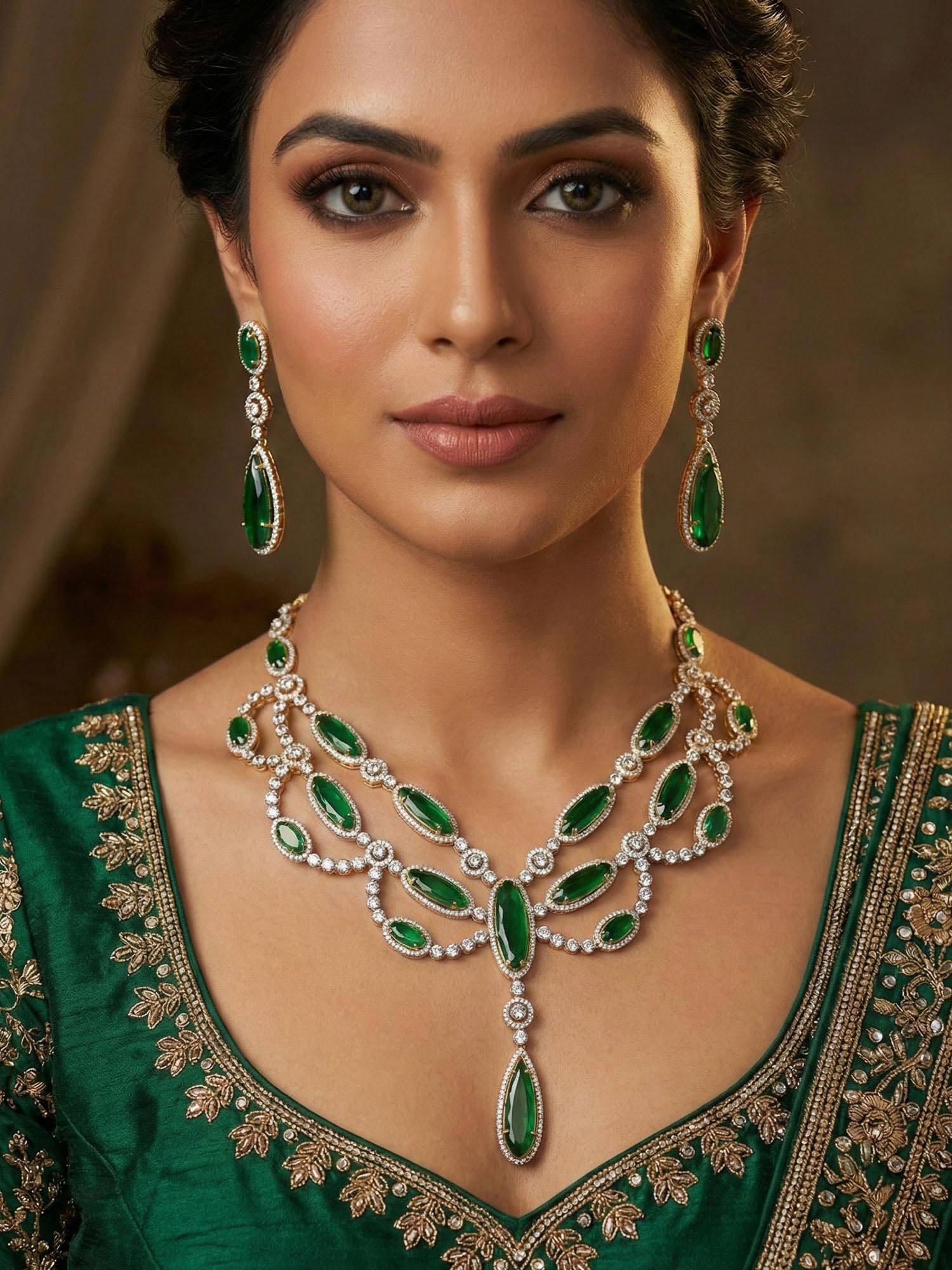 Niscka Gold Plated Green American Diamond Necklace with Earrings
