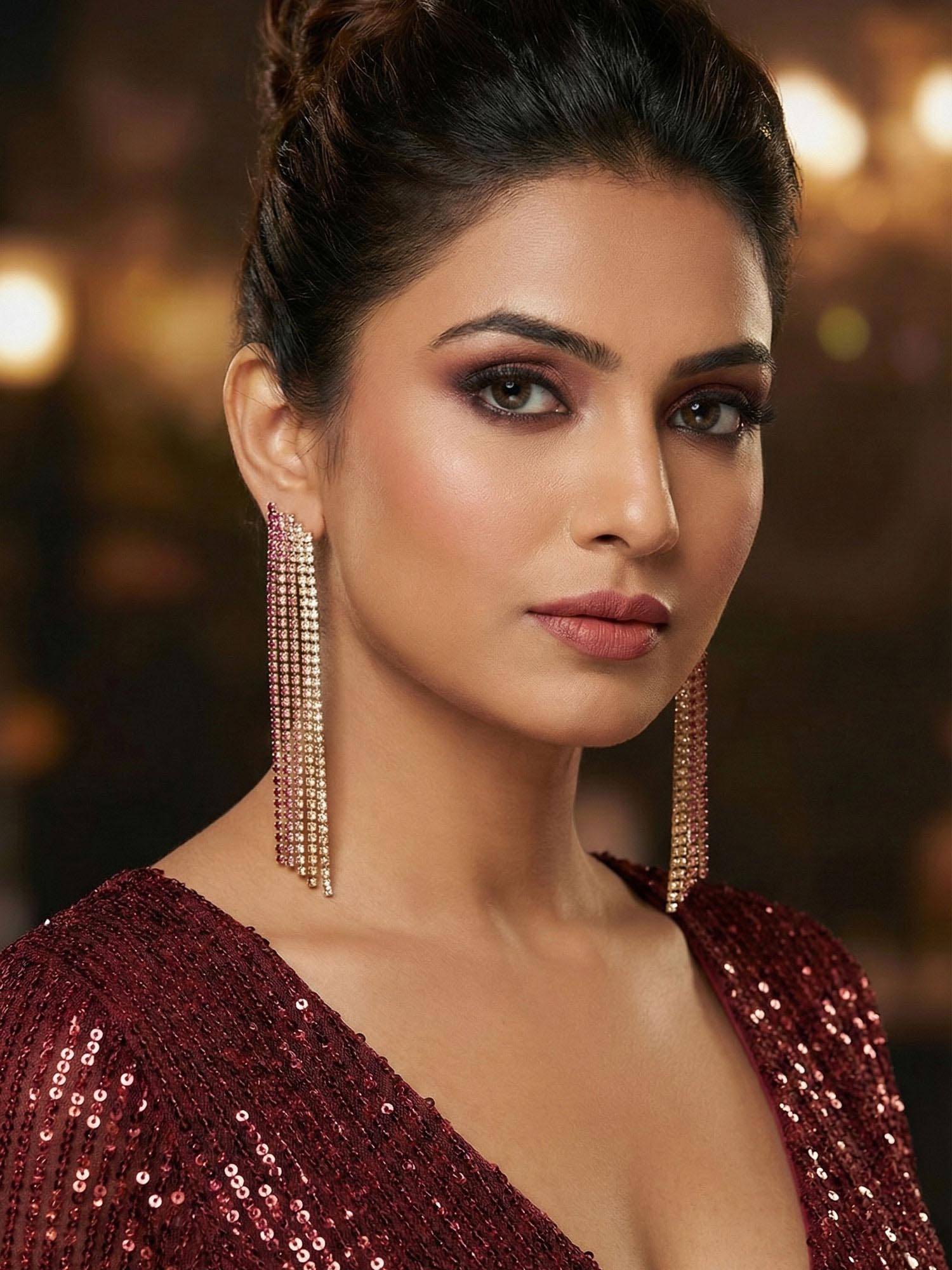 Niscka Gold Plated Multi-Color Rhinestone Waterfall Earrings
