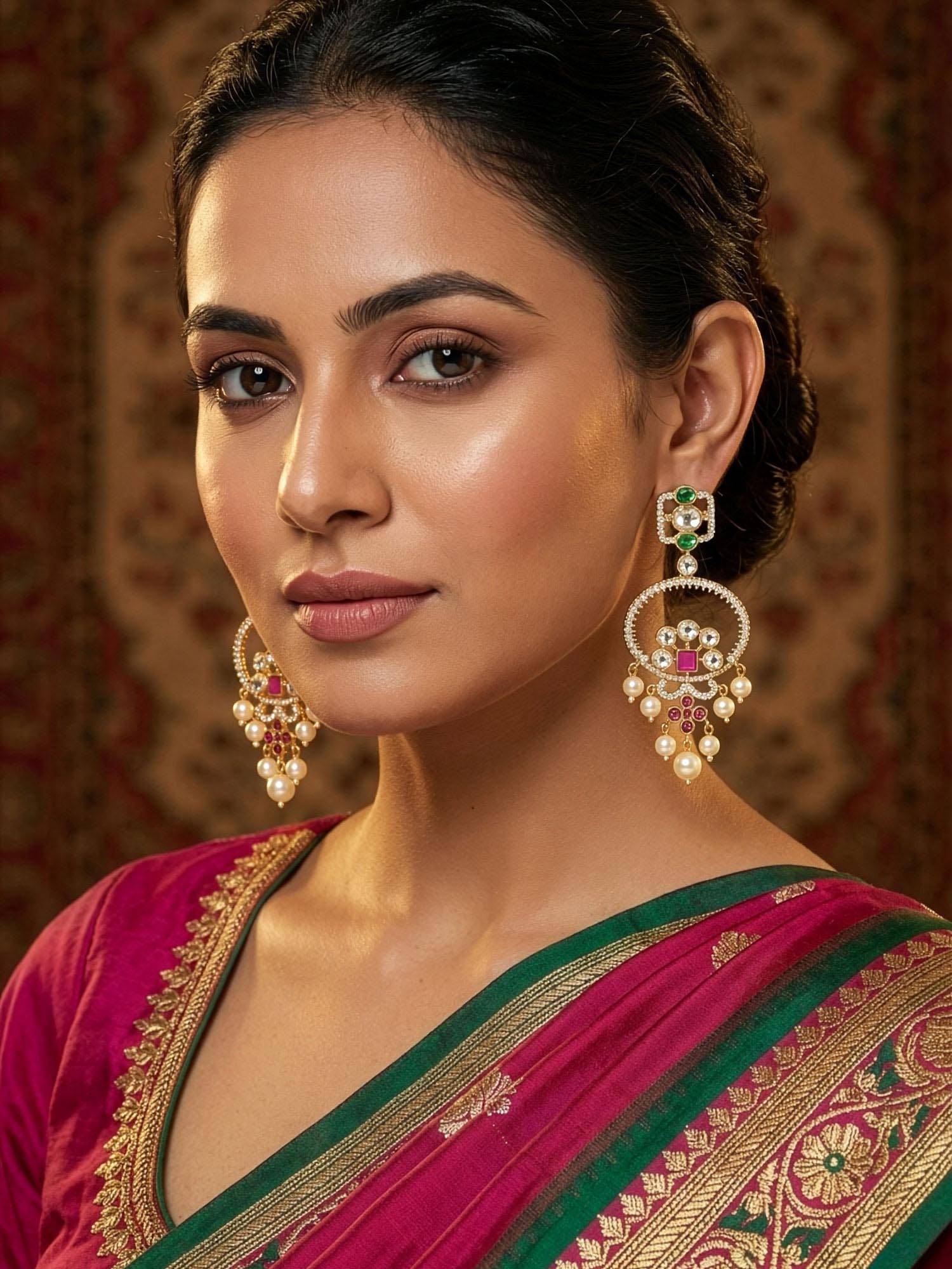 Niscka Multi-Color Gold Plated Floral Stone And Pearl Long Earrings