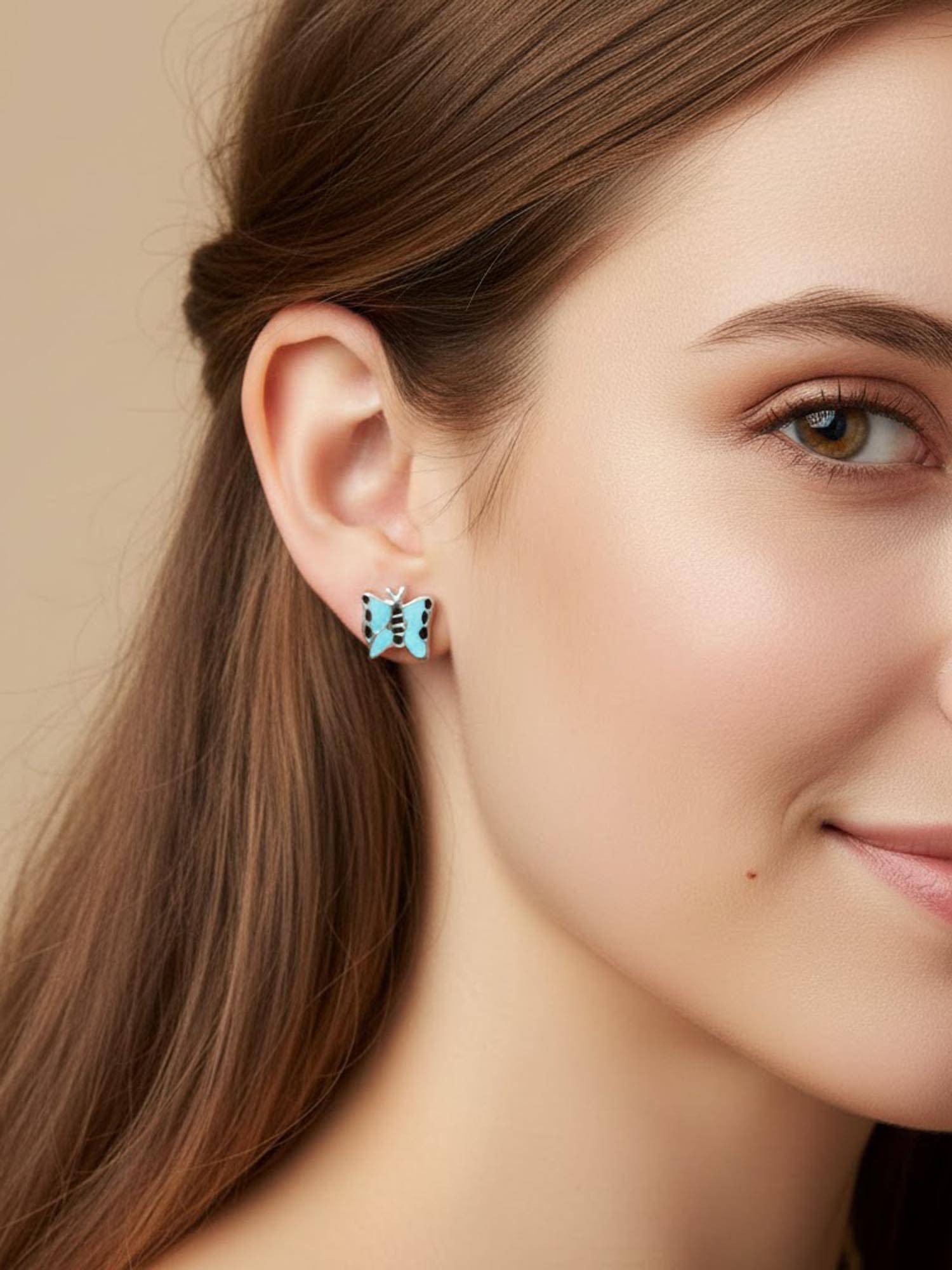 925 SILLER 925 Pure Silver Blue Stud Earrings