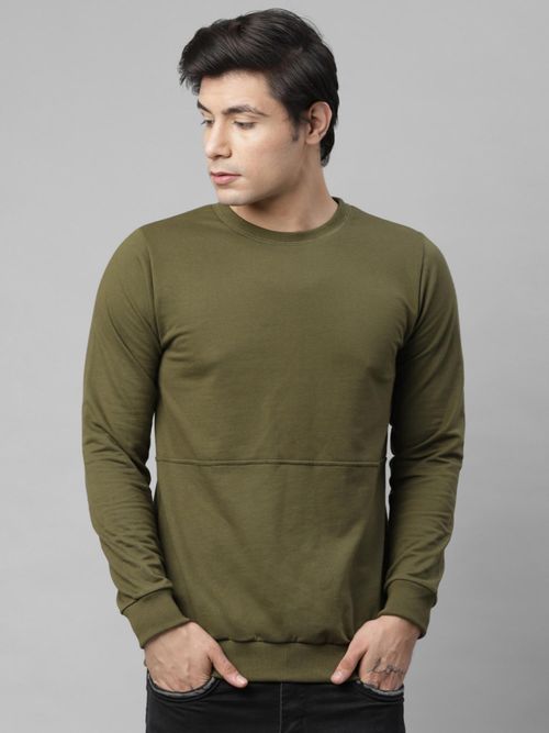 RIGO Men Olive Solid Round Neck Terry Sweatshirt