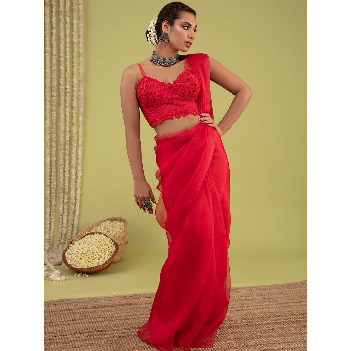 Gajra Gang by Nykaa Fashion Dreamy Red Saree With Stitched Blouse ...