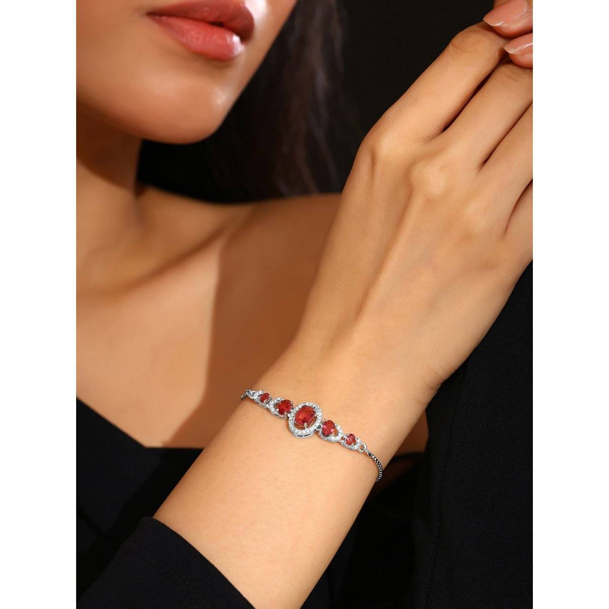 Priyaasi Red Elegant Silver-Plated Ad Geometric Push Back Chain Bracelet