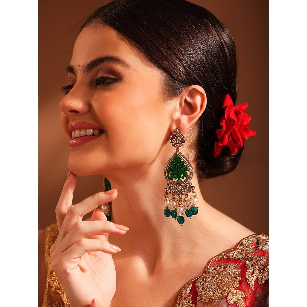 Priyaasi Emerald Floral Design Green Pearl Beads Drop Pattern Gold Plated Earrings