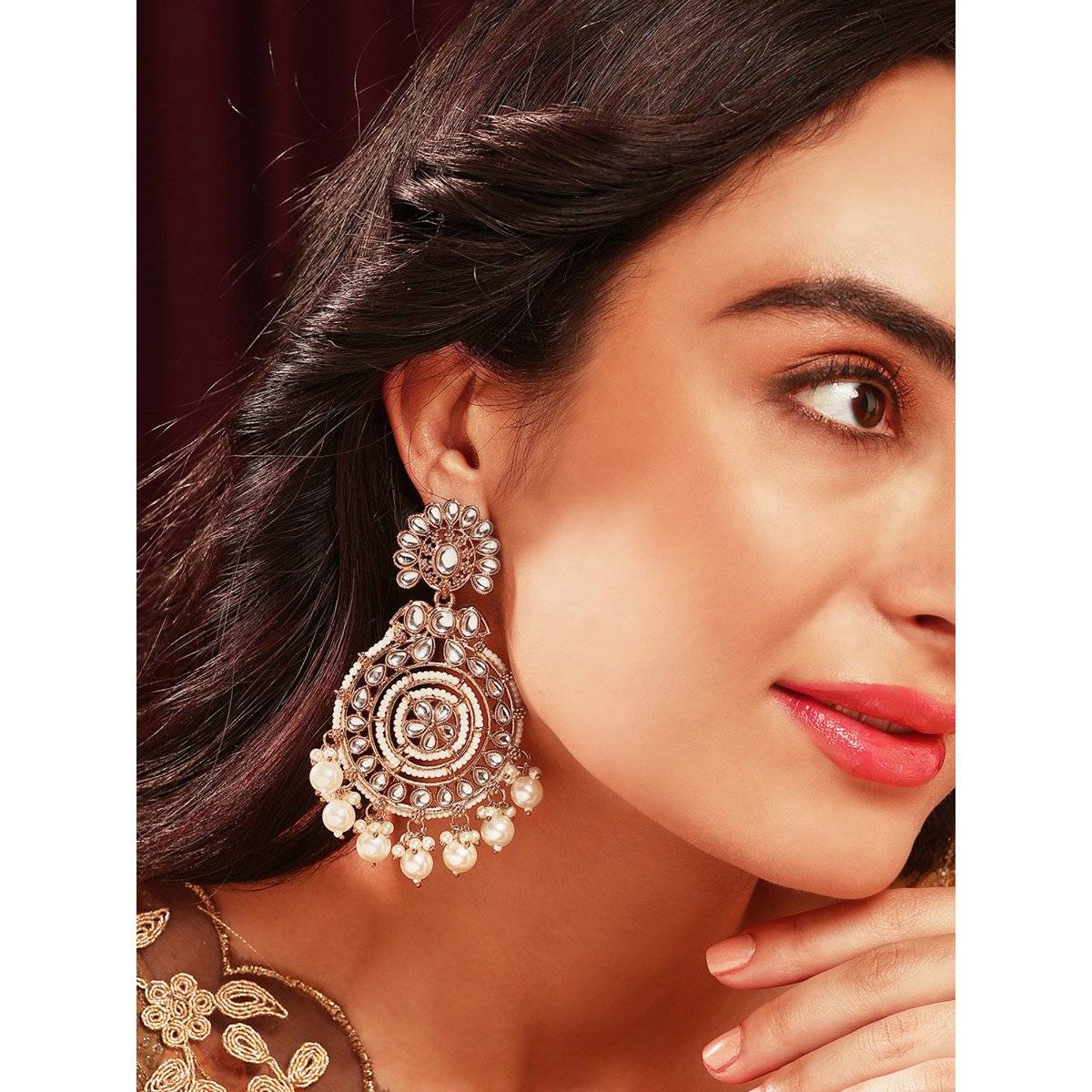 Priyaasi Pearl Kundan Gold Plated Floral Design Drop Earrings