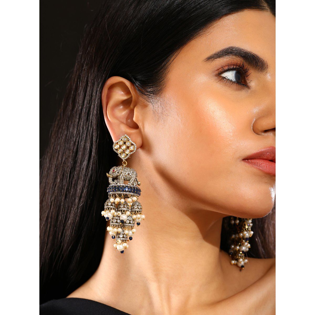 Priyaasi Ad Elephant Design Jhumkis Navy Blue Gold Plated Drop Earrings