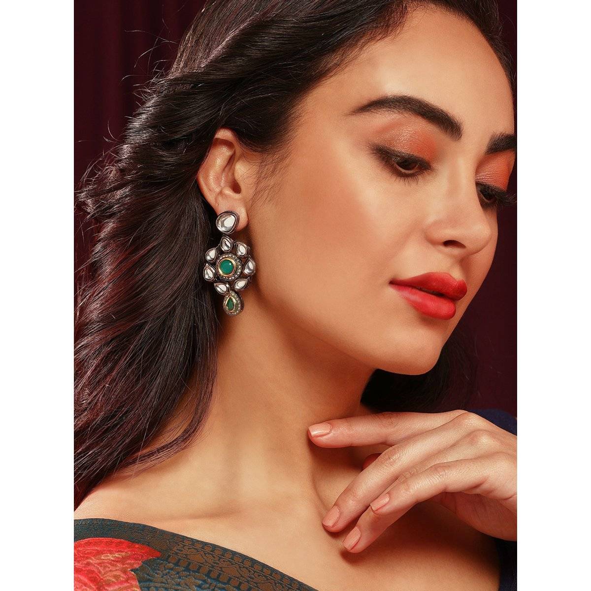 Priyaasi Floral Pattern Kundan Drop Earrings with Green Stone In Gold Plated Finish