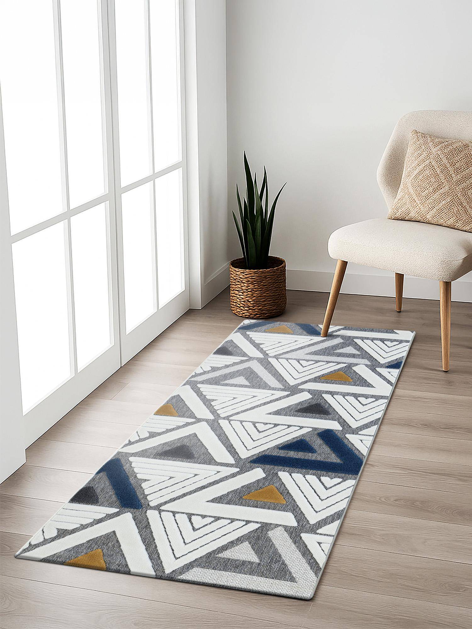 OBSESSIONS Grey Geometric Polyester Bedside Runner Ideal for Bedroom (2.5x5 Feet)