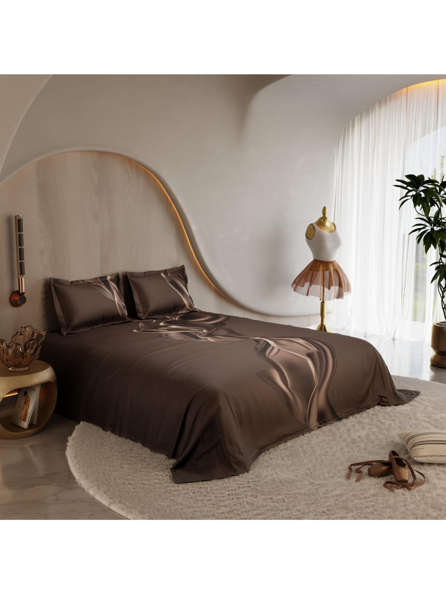 Stoa Paris Ballet Fluid Sepia Swirl Percale Printed Super King Bed Sheet Set with 2 Pillow Cover