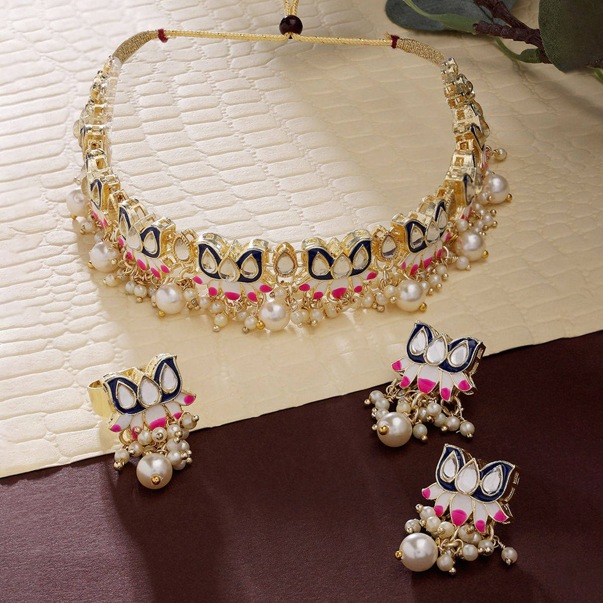 Zaveri Pearls Blue & Pink Meenakari Lotus Design Choker Necklace Earring & Ring-ZPFK14435 (Set of 3)
