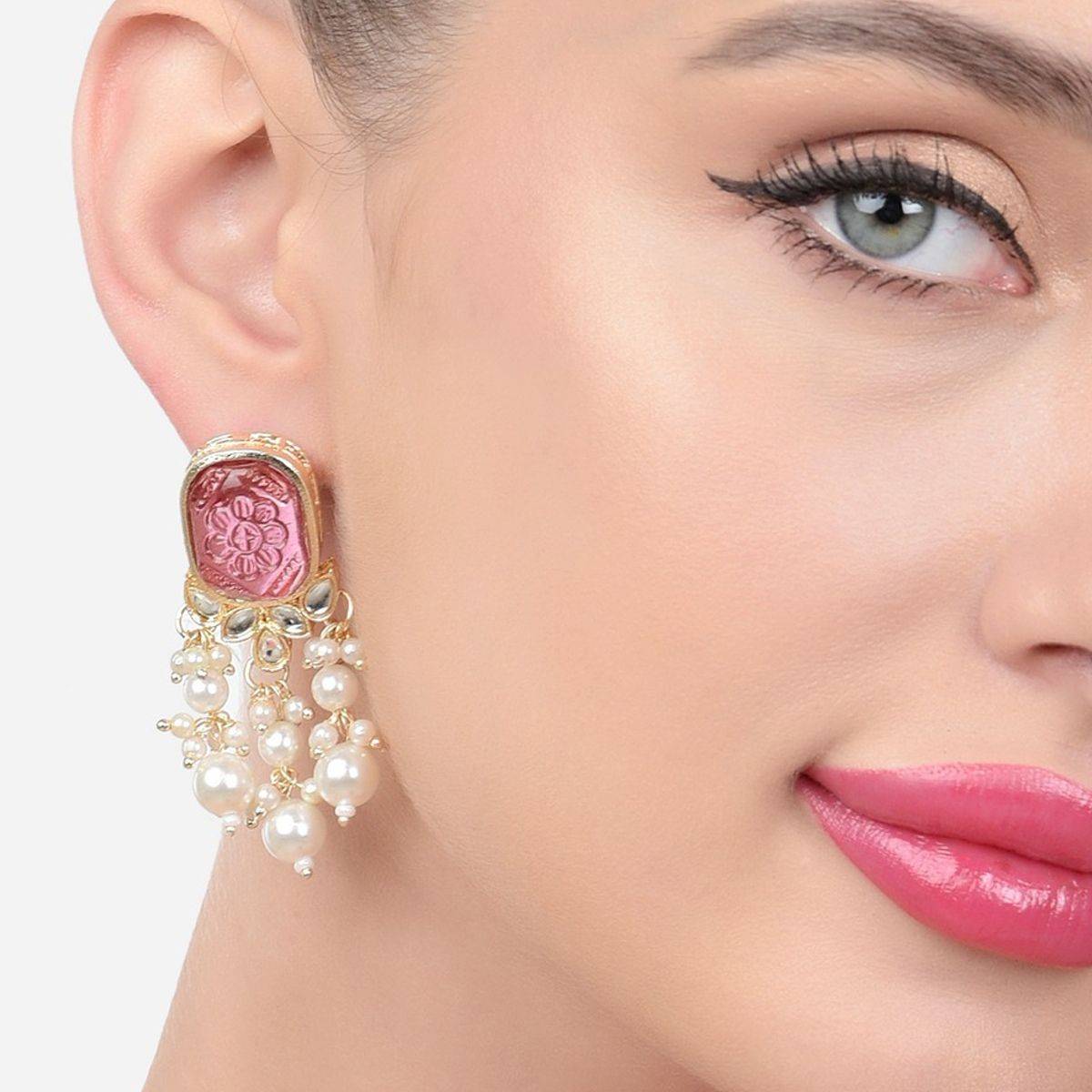 Zaveri Pearls Wine Color Stone Kundan Pearls Layer Drop Earring-ZPFK15441