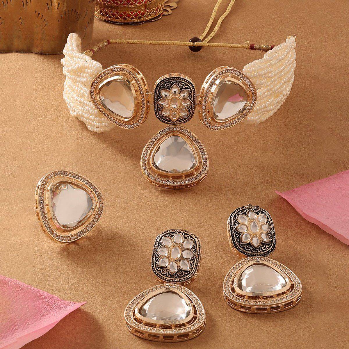 Zaveri Pearls Gold Tone Dazzling Stones & AD Choker Necklace Earring & Ring-ZPFK16768 (Set of 3)