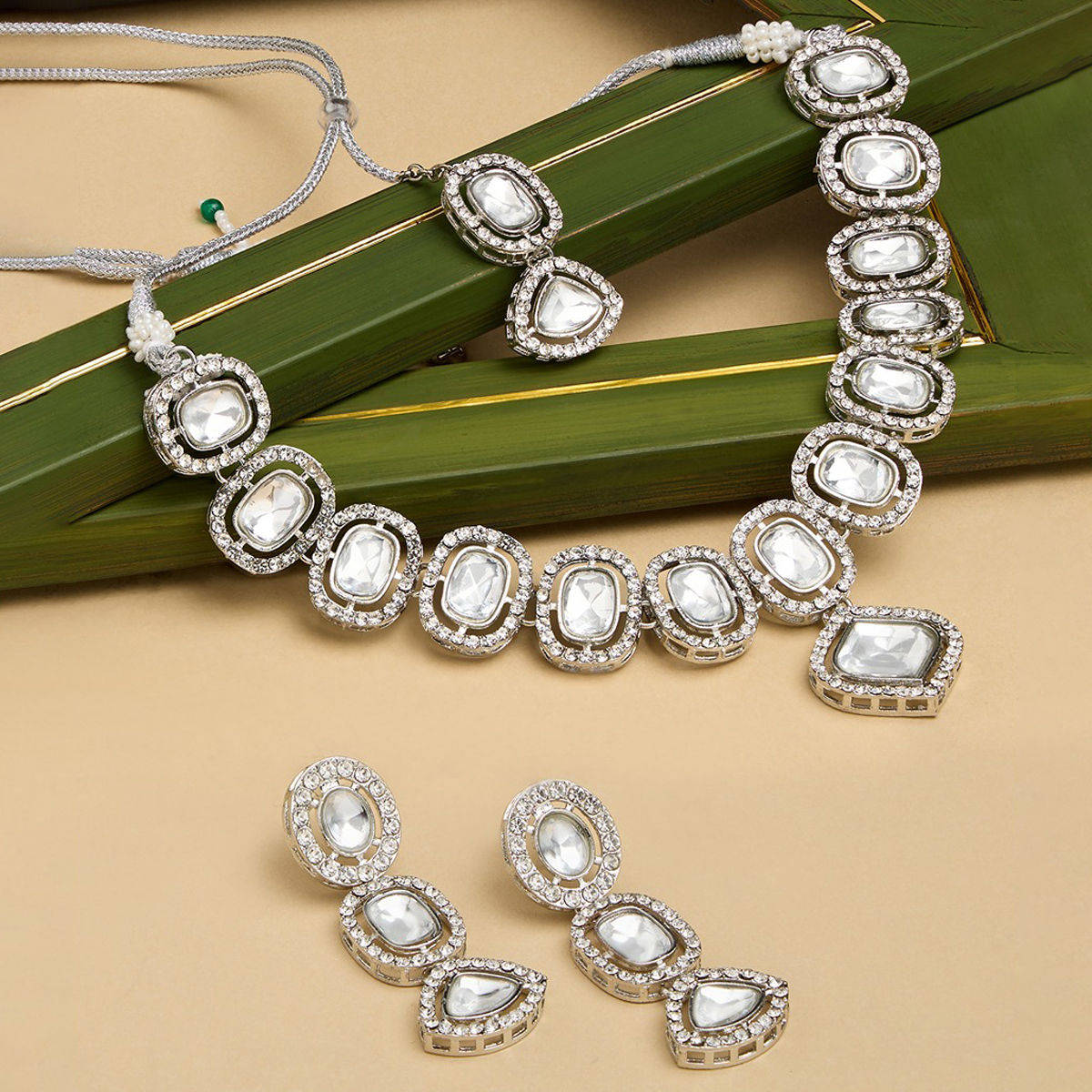 Zaveri Pearls Silver Tone Dazzling Stones Jewellery Set