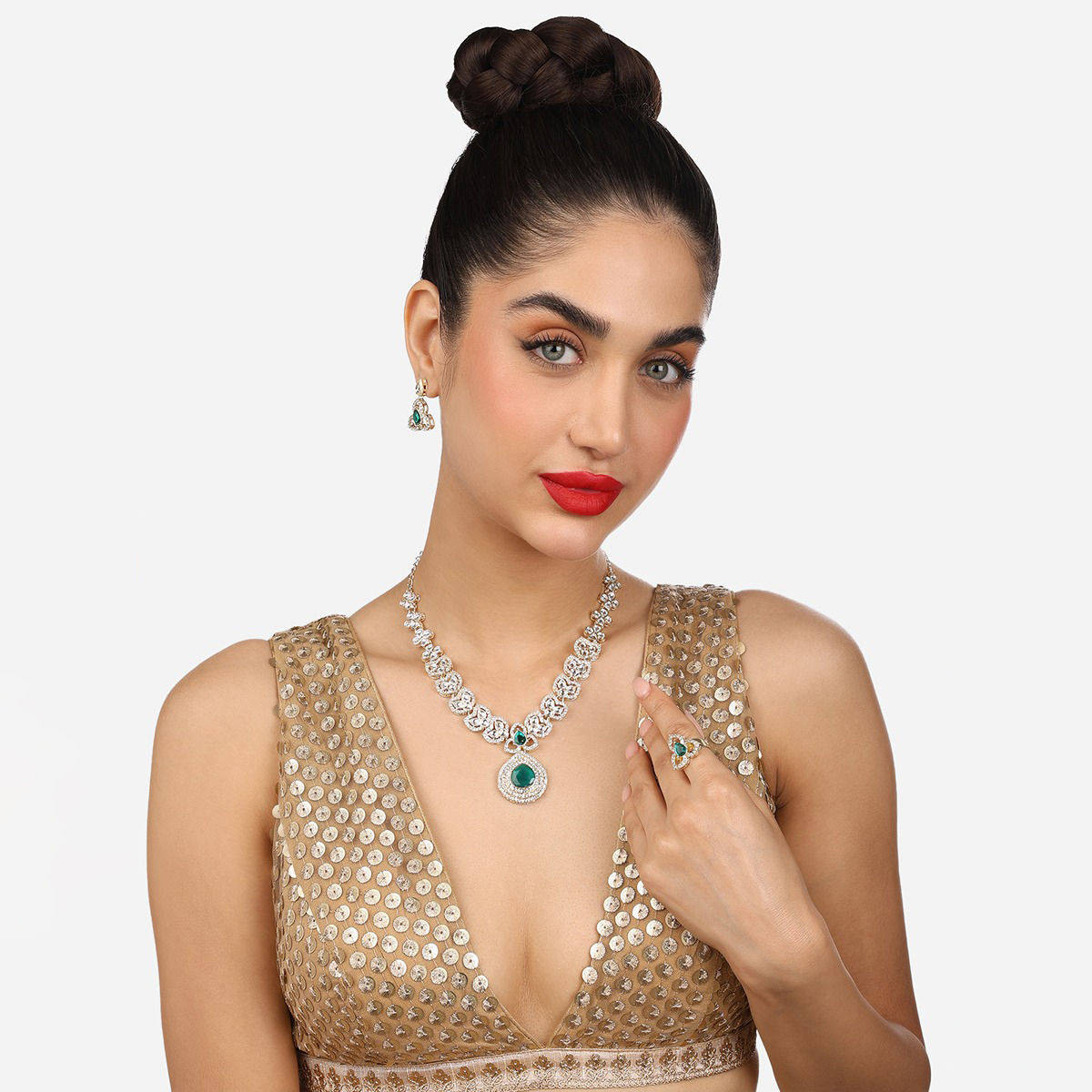 Zaveri Pearls Green Austrian Diamonds Kundan Necklace Earring Ring Set