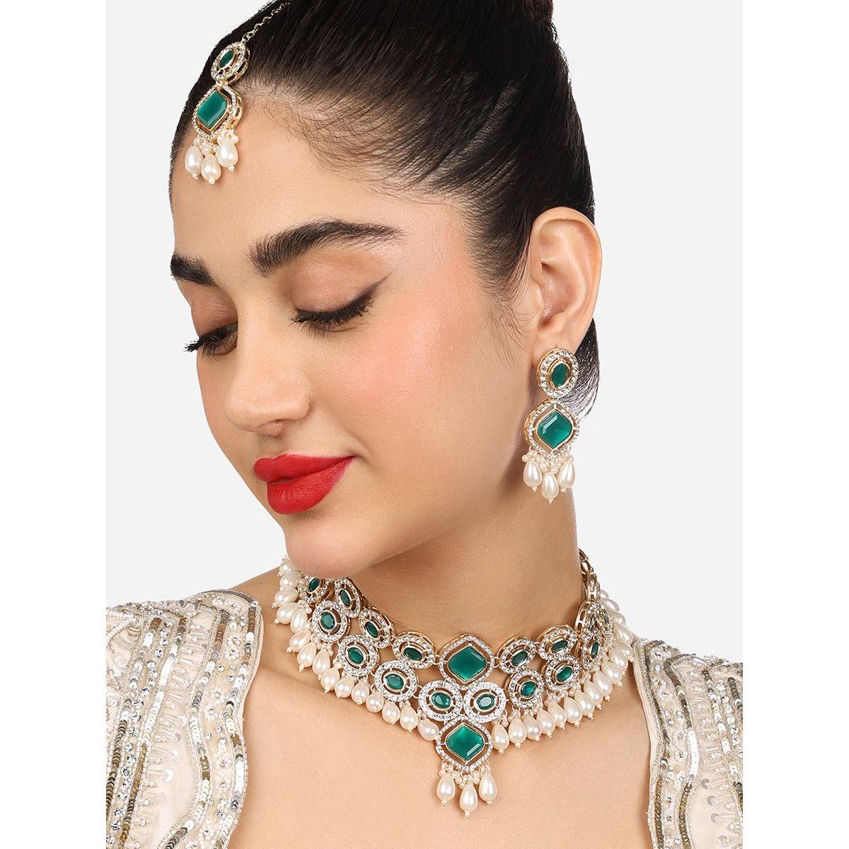 Zaveri Pearls Green Stones Bead Drop Choker Necklace Earring Maangtikka Set