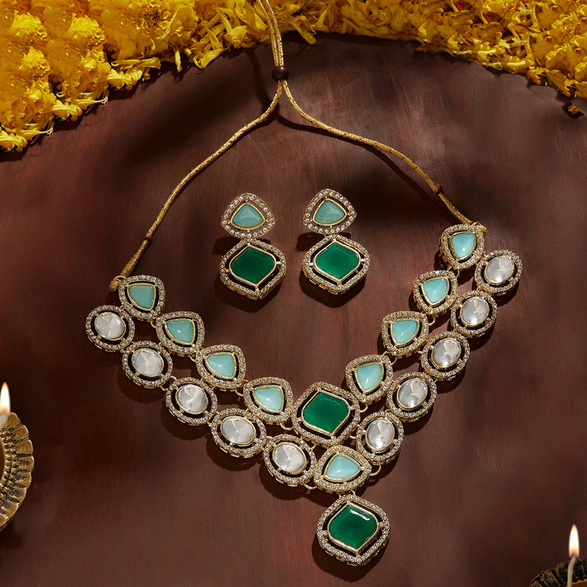 Zaveri Pearls Green Stones Choker Necklace and Earrings