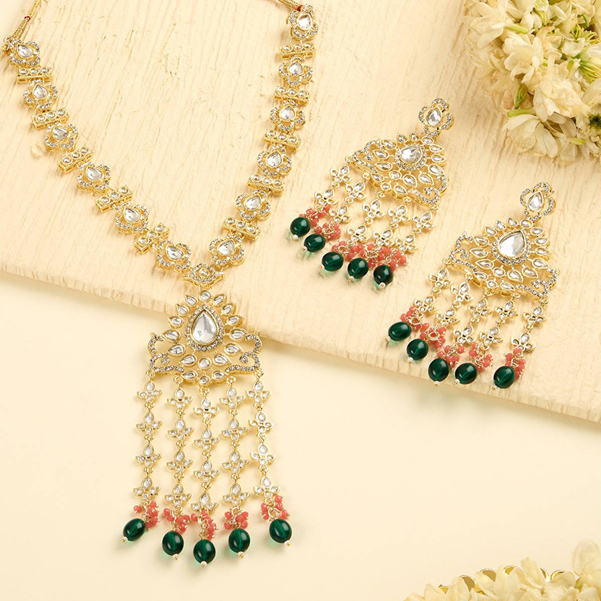 Zaveri Pearls Green Peach Beads Dazzling Kundan Necklace and Earrings