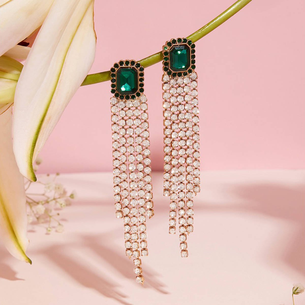 Zaveri Pearls Green Dazzling Stones and Austrian Diamonds Tassel Drop Earrings