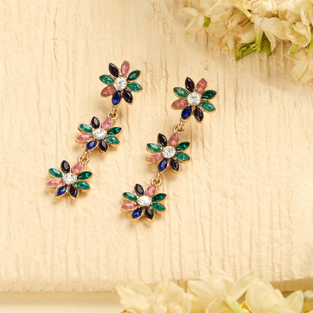 Zaveri Pearls Multicolor Stones Flowers Contemporary Drop Earrings