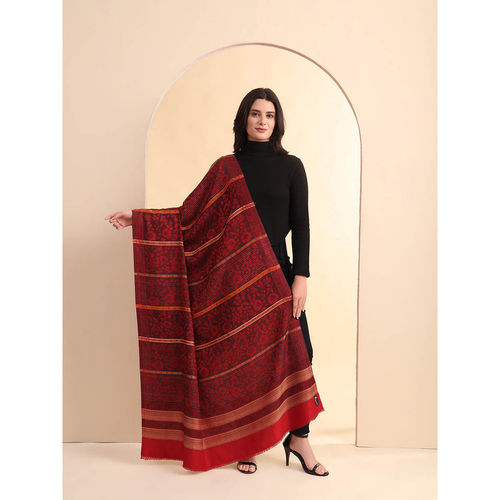 Zamour Maroon Jacquard Woven Stripe Floral Pattern Maroon Shawl