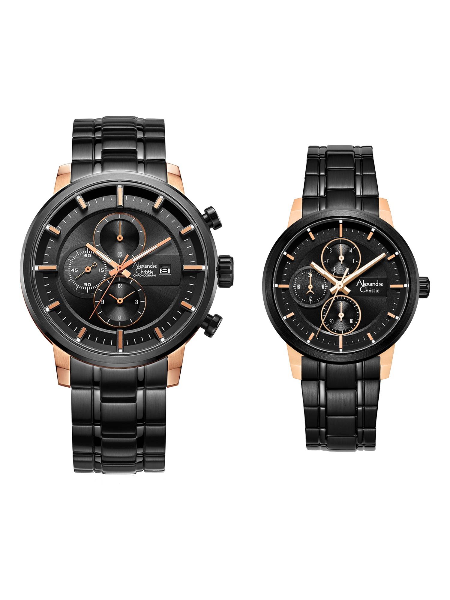 Alexandre Christie Black Couple Chronograph Quartz Watches (Pack of 2) 6323MCBFBRBA (M)