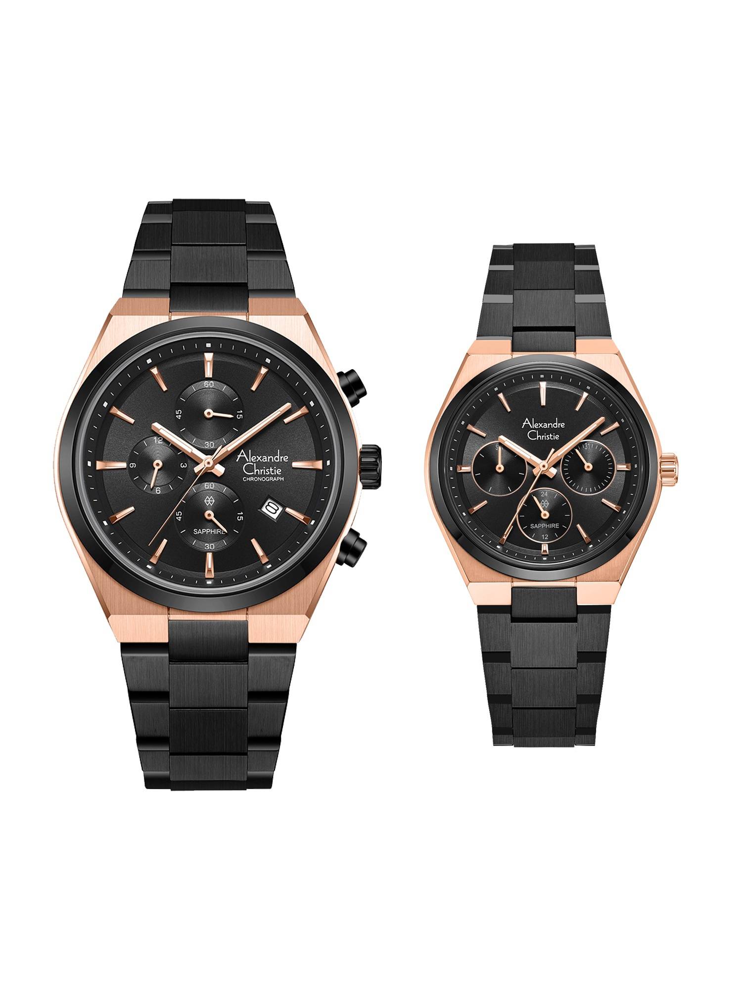 Alexandre Christie Black Couple Chronograph Quartz Watches (Pack of 2) 8697MCBFBRBA (M)
