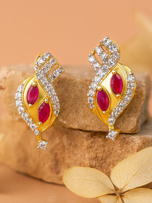 Estele Gold Plated CZ Marquise Designer Stud Earrings with Ruby for Women