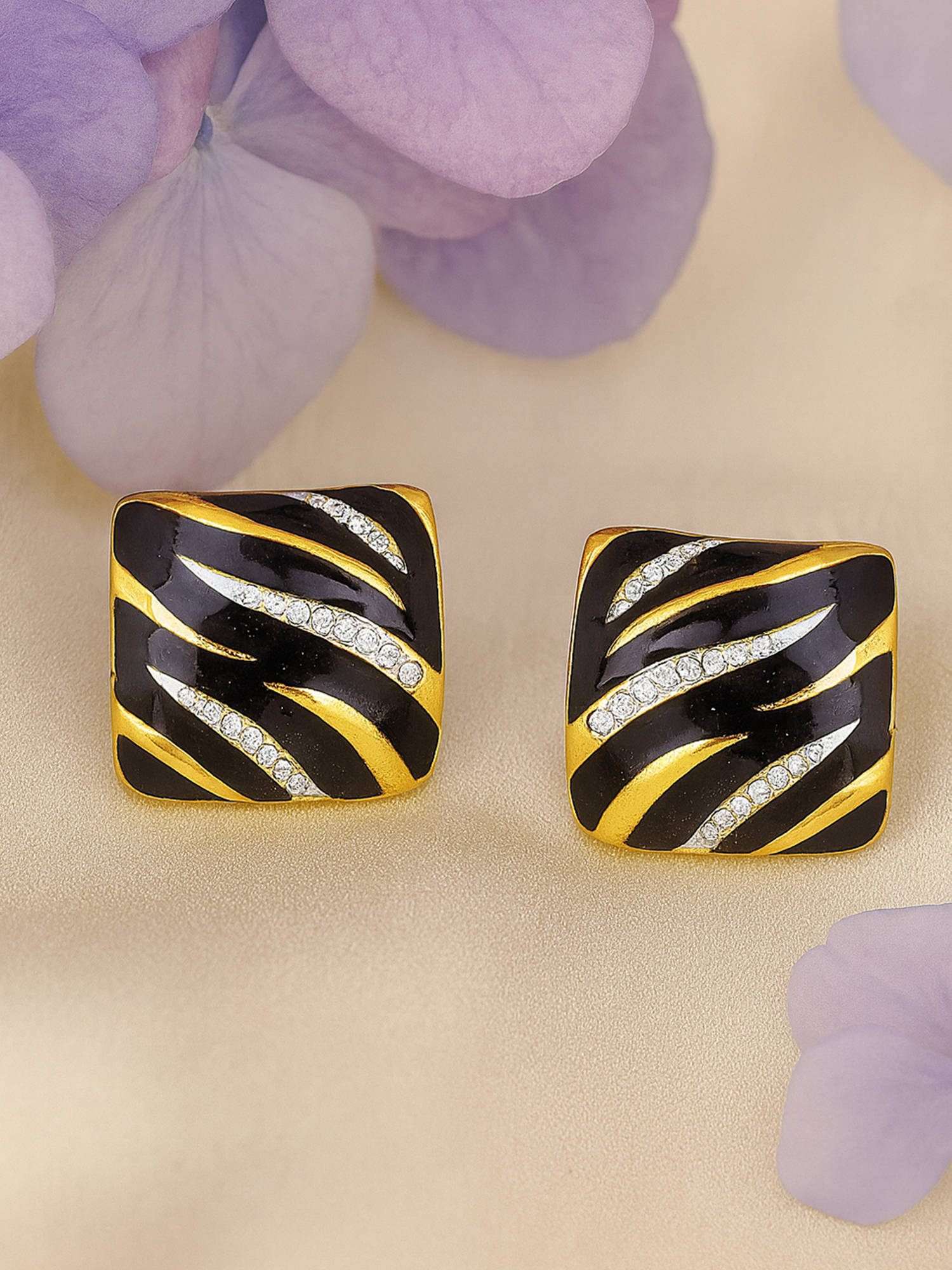 Estele Gold Plated Square Designer Stud Earrings with Black Enamel for Girls/Women