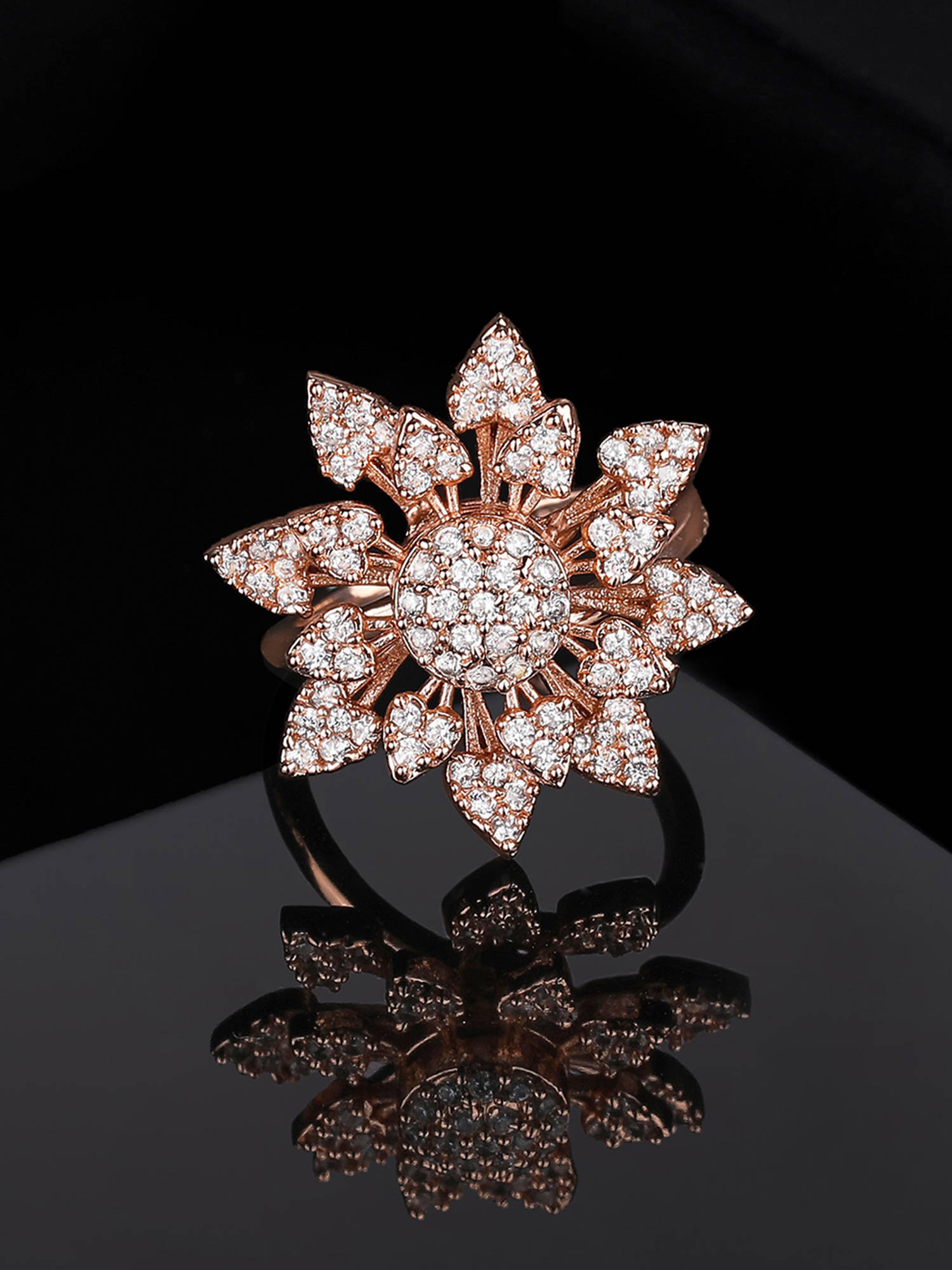 Estele Rose Gold Plated CZ Daisy Flower Shaped Finger Ring for Women