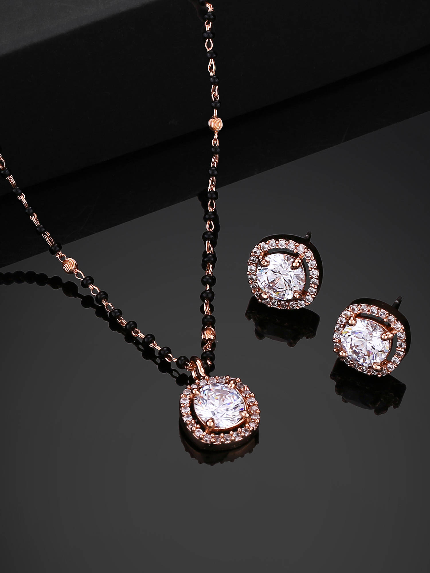 Estele Rose Gold Plated Cz Sparkling Square Designer Mangalsutra Necklace Set