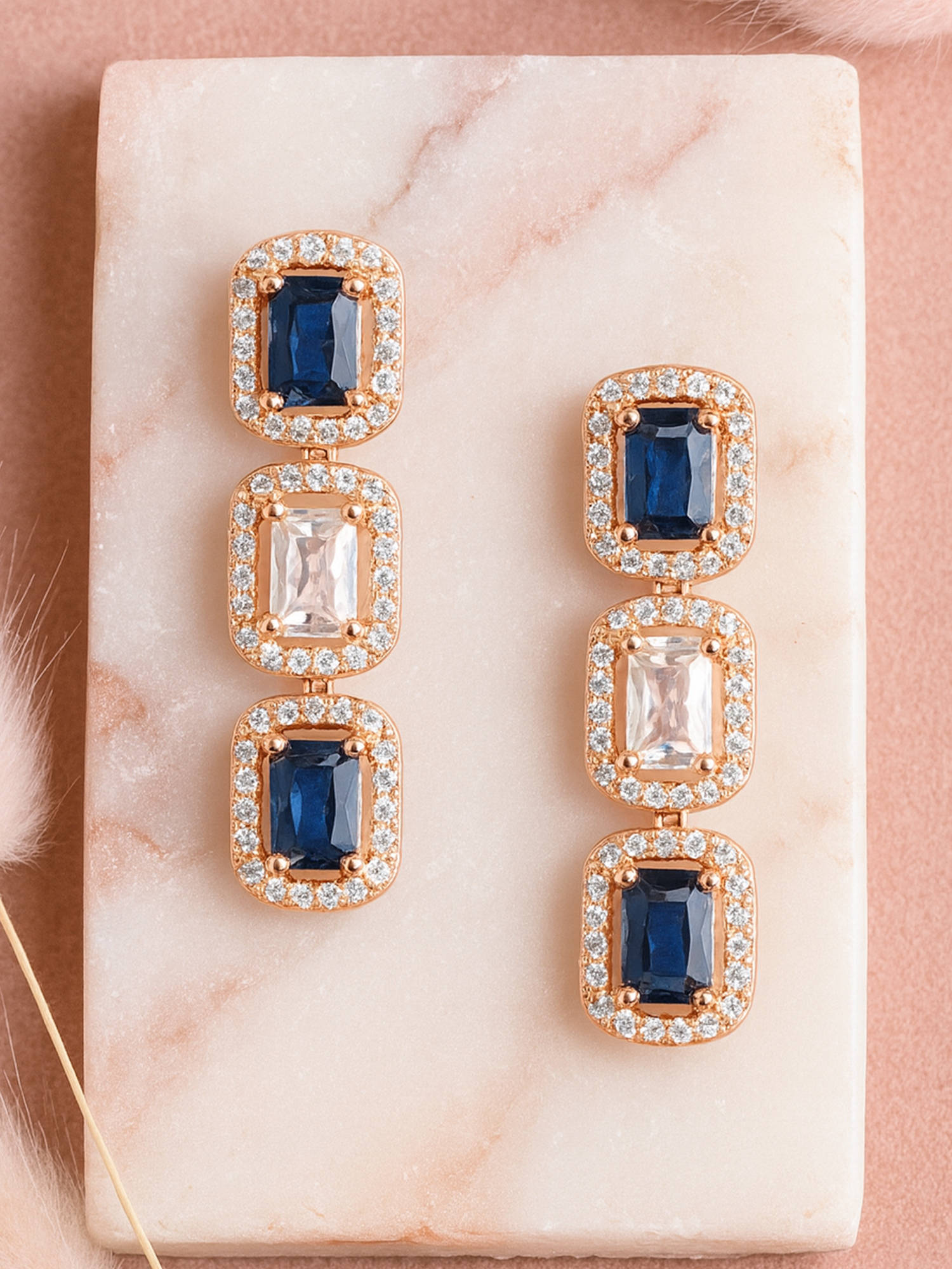 Estele Rose Gold Plated CZ Elegant Earrings with Blue & White Stones Women