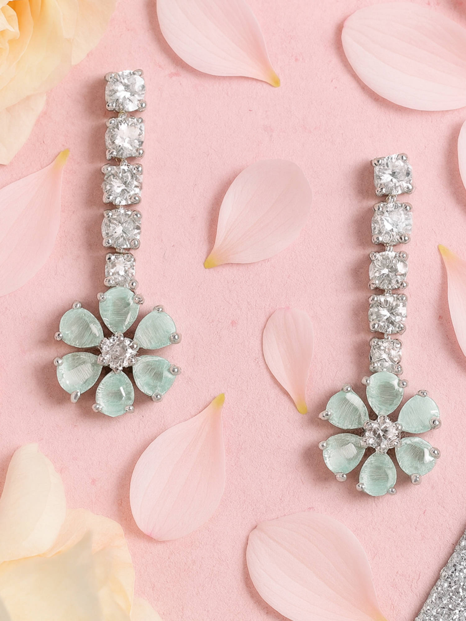 Estele Rhodium Plated CZ Flower Designer Drop Earrings with Mint Green Stones For Women