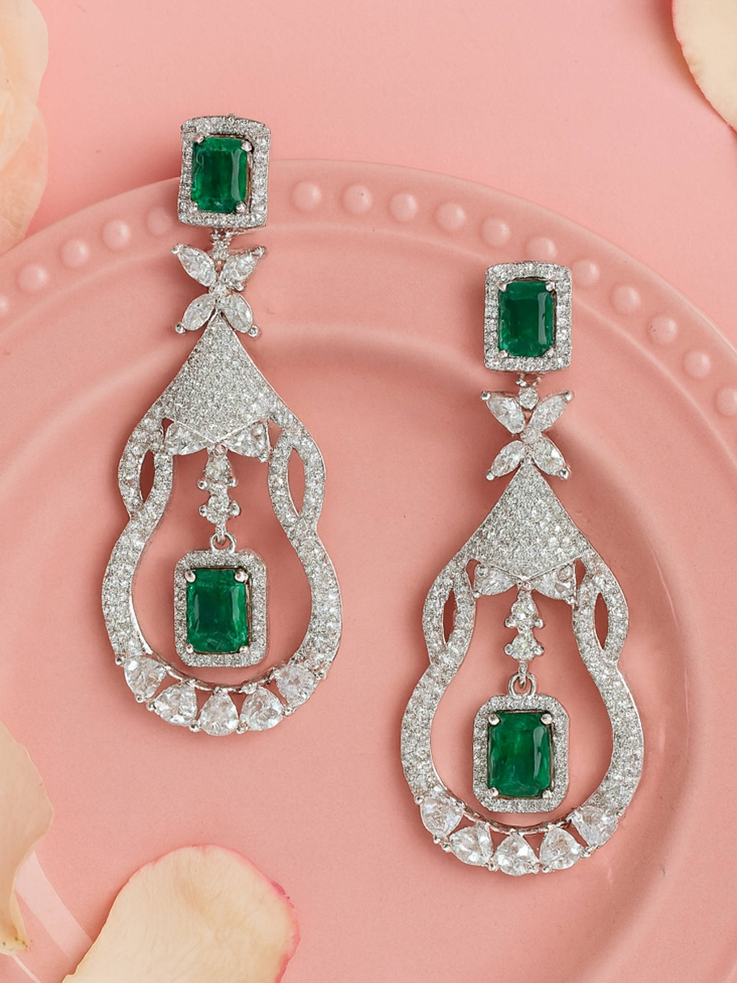 Estele Rhodium Plated CZ Scintillating Drop Earrings with Emerald Stone For Women